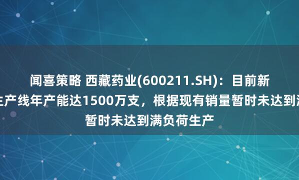 闻喜策略 西藏药业(600211.SH)：目前新活素现有生产线年产能达1500万支，根据现有销量暂时未达到满负荷生产